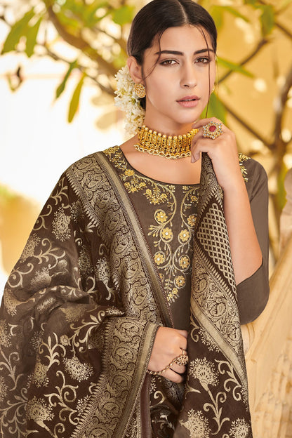 Coffee Colored Pure Dola Silk Partywear Suit With Palazzo