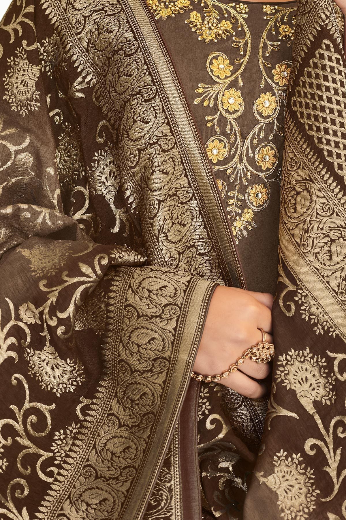 Coffee Colored Pure Dola Silk Partywear Suit With Palazzo
