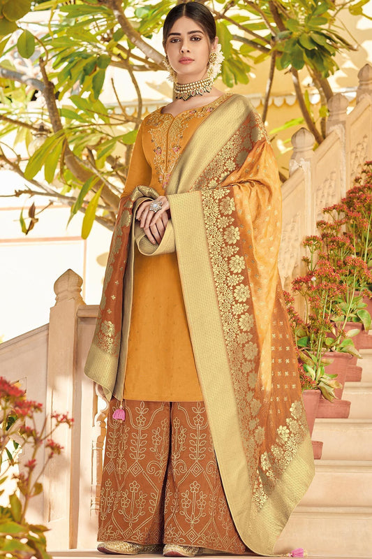 Canary Colored Pure Dola Silk Partywear Suit With Palazzo