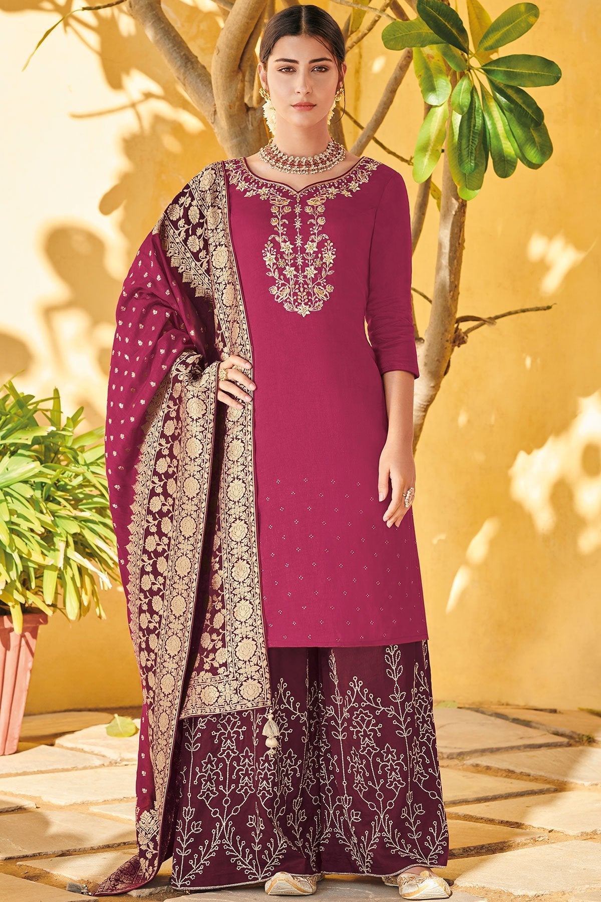 Magenta Pure Dola Silk Partywear Suit With Palazzo