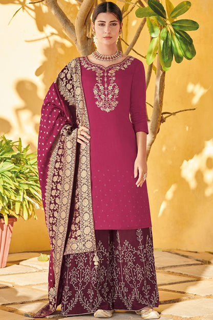 Magenta Pure Dola Silk Partywear Suit With Palazzo