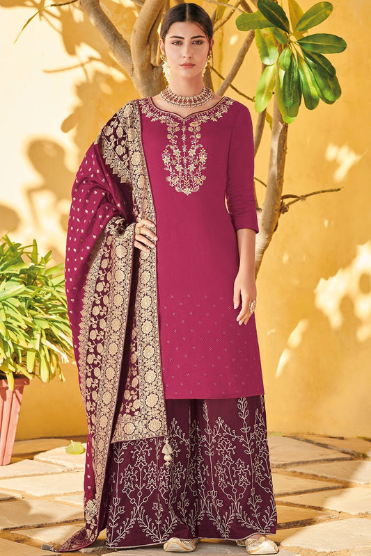 Magenta Pure Dola Silk Partywear Suit With Palazzo