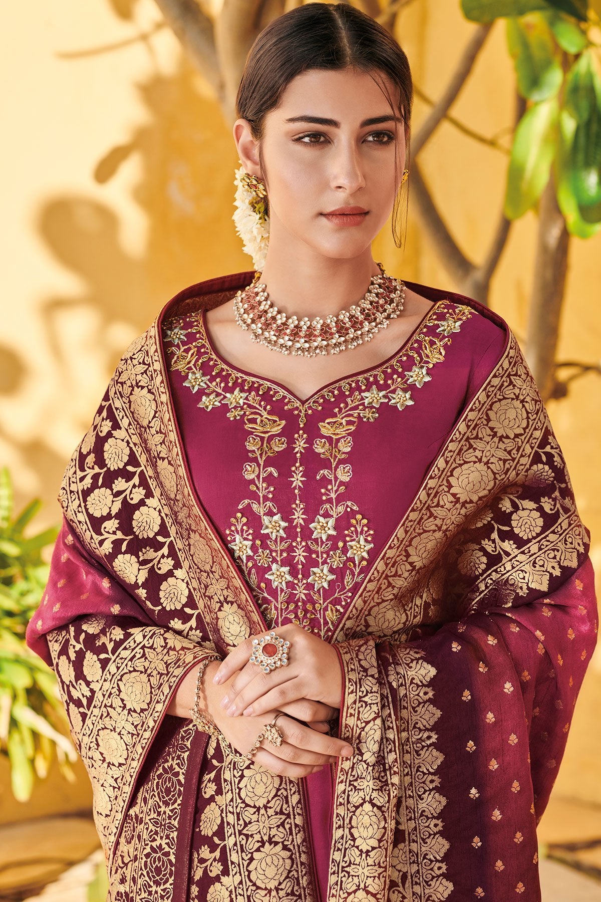 Magenta Pure Dola Silk Partywear Suit With Palazzo