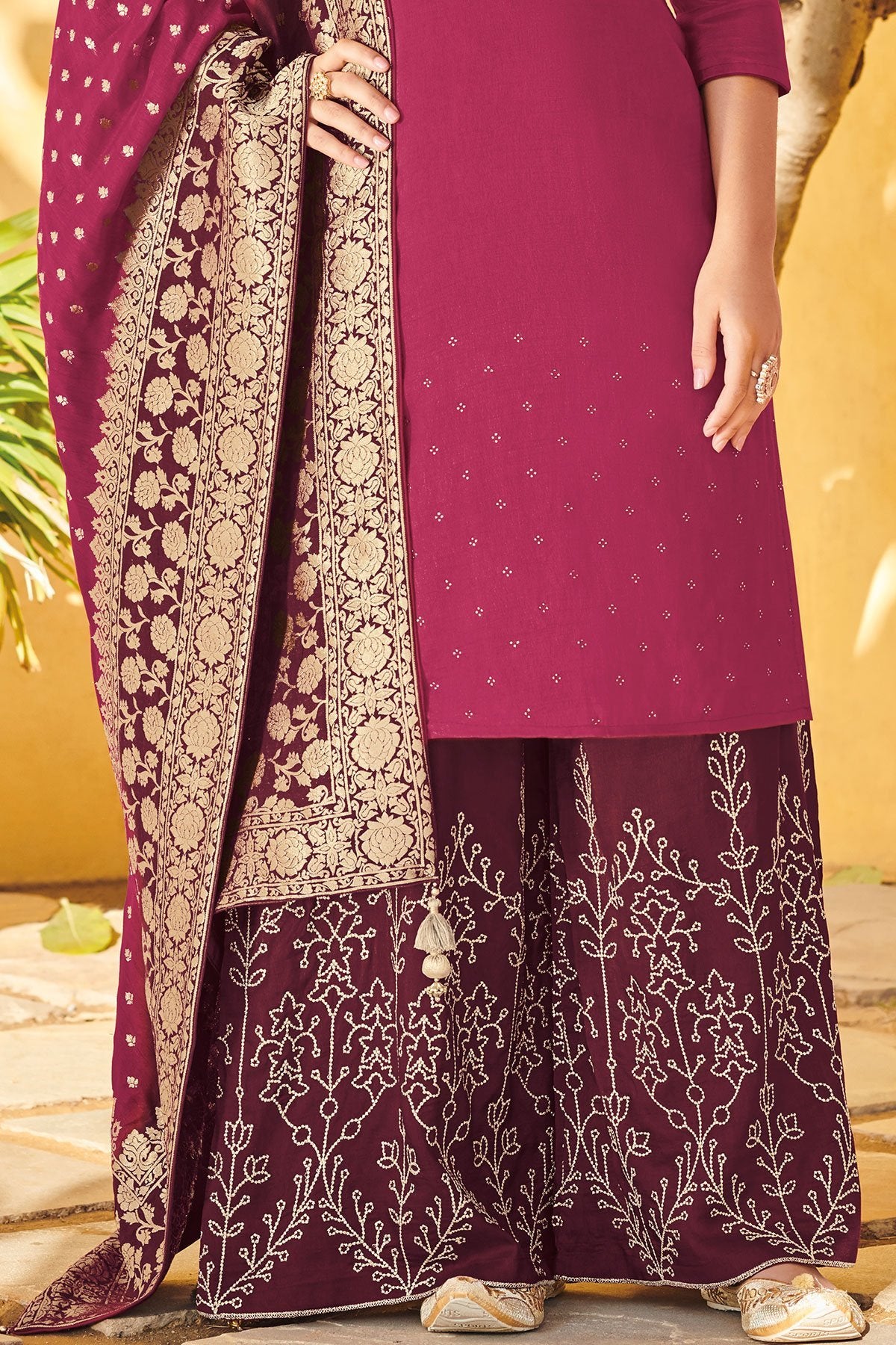 Magenta Pure Dola Silk Partywear Suit With Palazzo