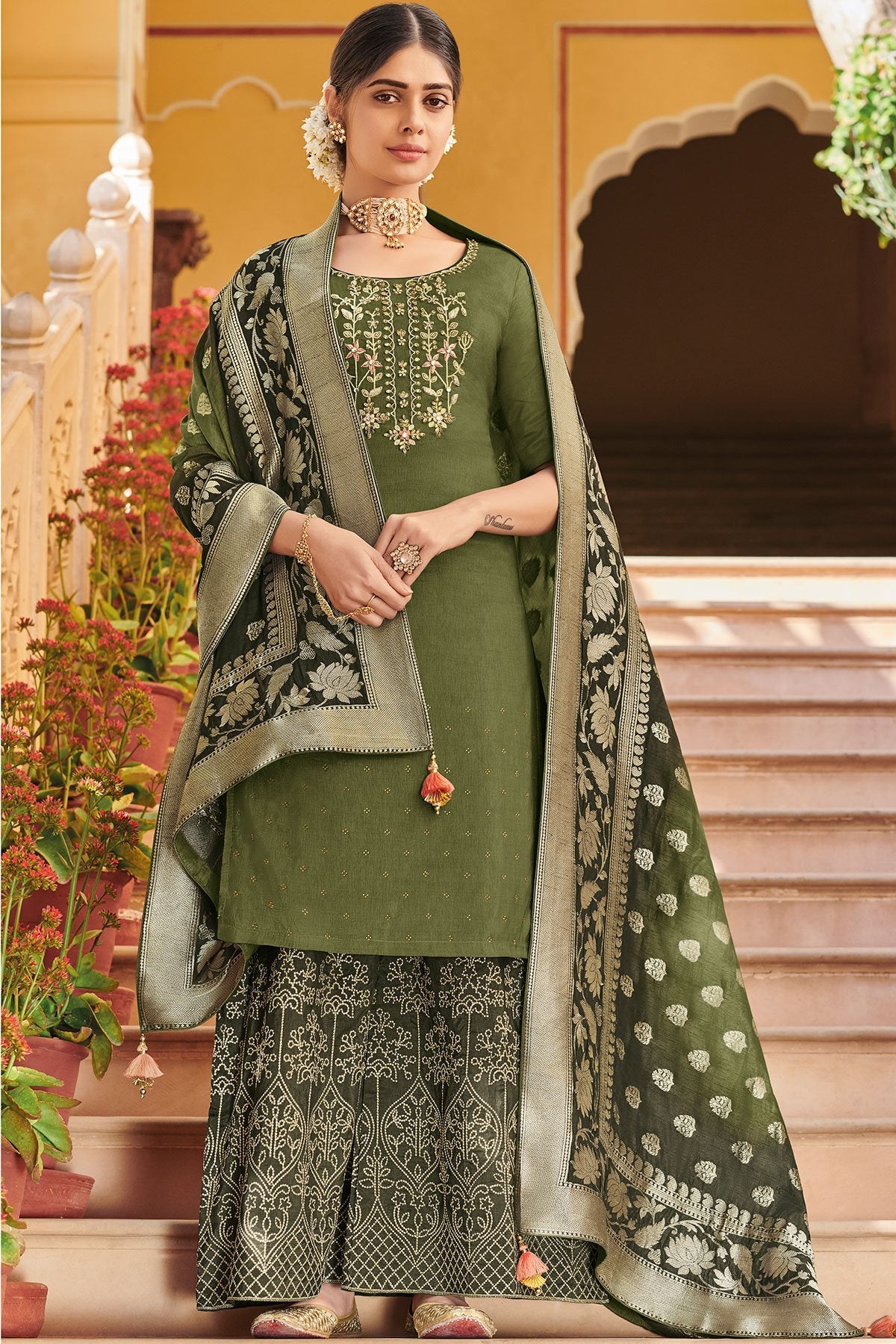 Green Pure Dola Silk Partywear Suit With Palazzo