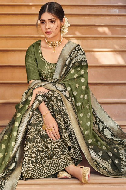 Green Pure Dola Silk Partywear Suit With Palazzo