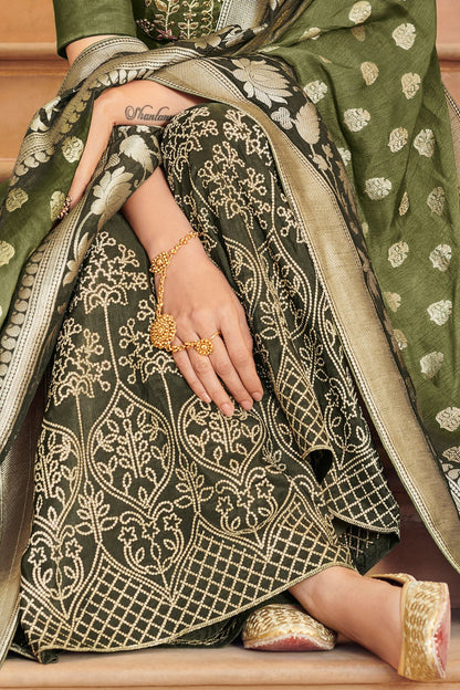 Green Pure Dola Silk Partywear Suit With Palazzo
