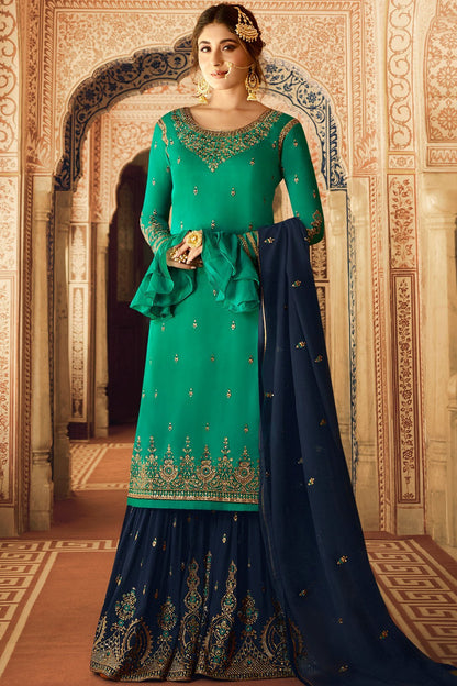 Blue Satin Georgette Designer Sharara Suit