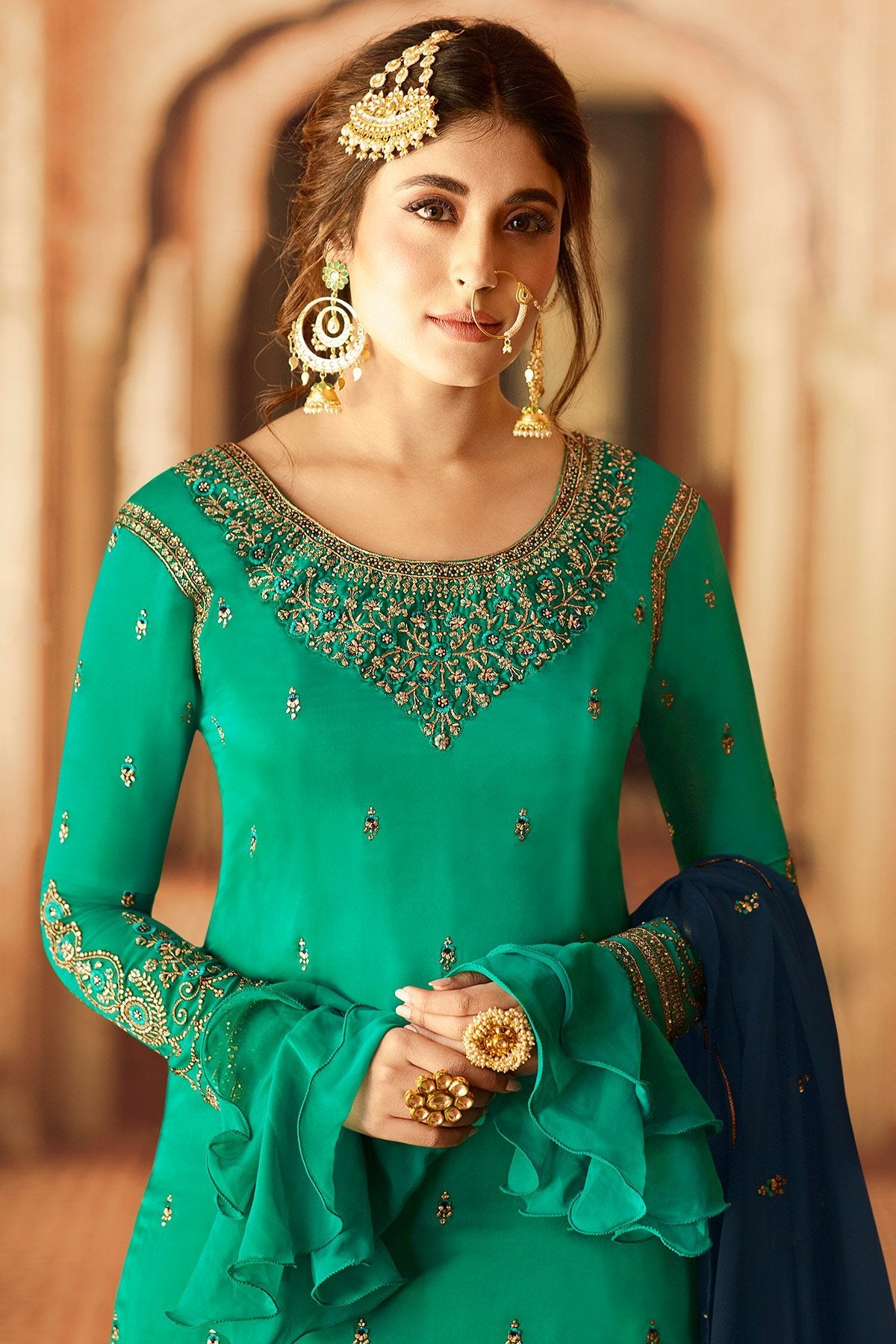 Blue Satin Georgette Designer Sharara Suit