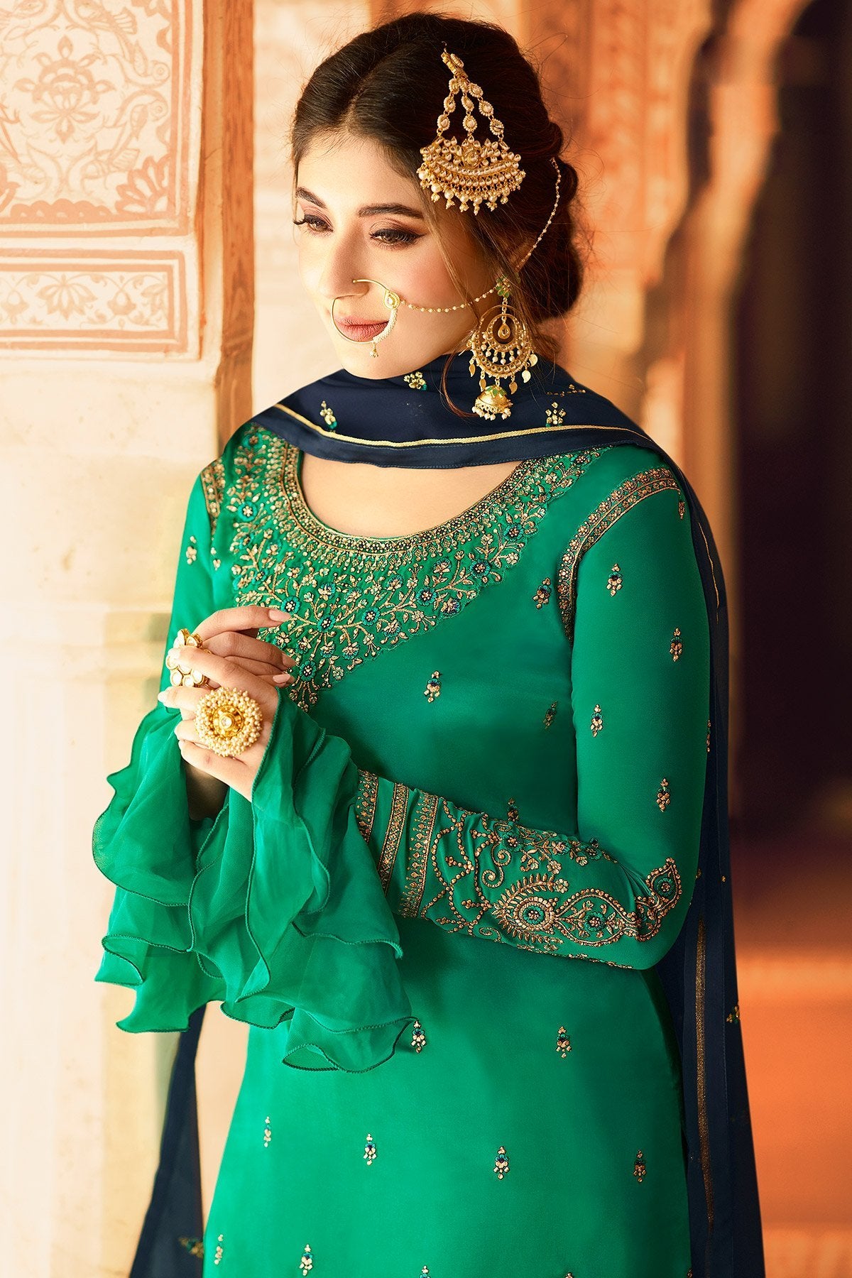 Blue Satin Georgette Designer Sharara Suit