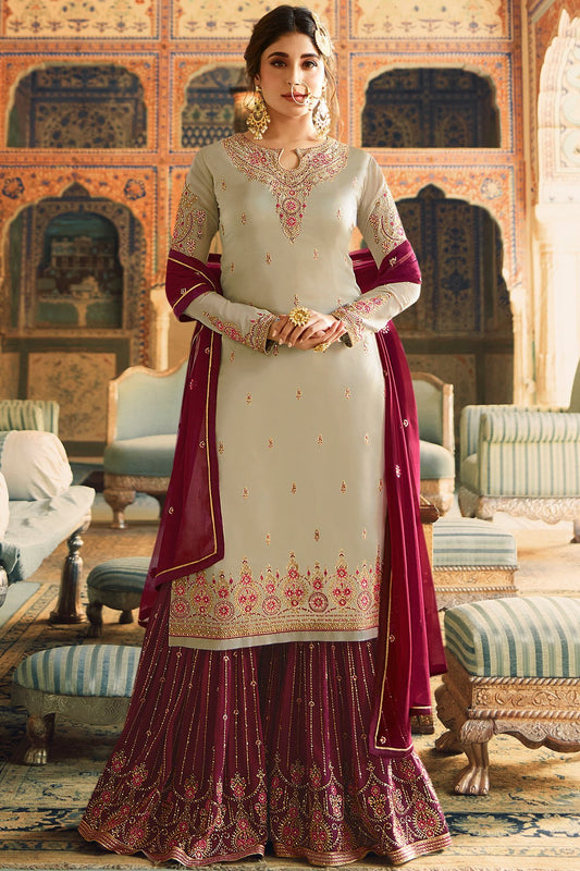 Brown and Purple Satin Georgette Designer Sharara Suit