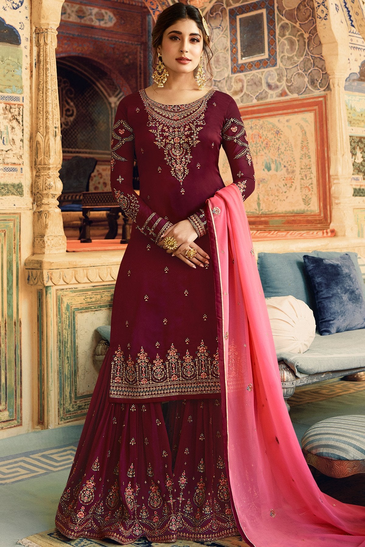 Purple and Pink Georgette Designer Sharara Suit