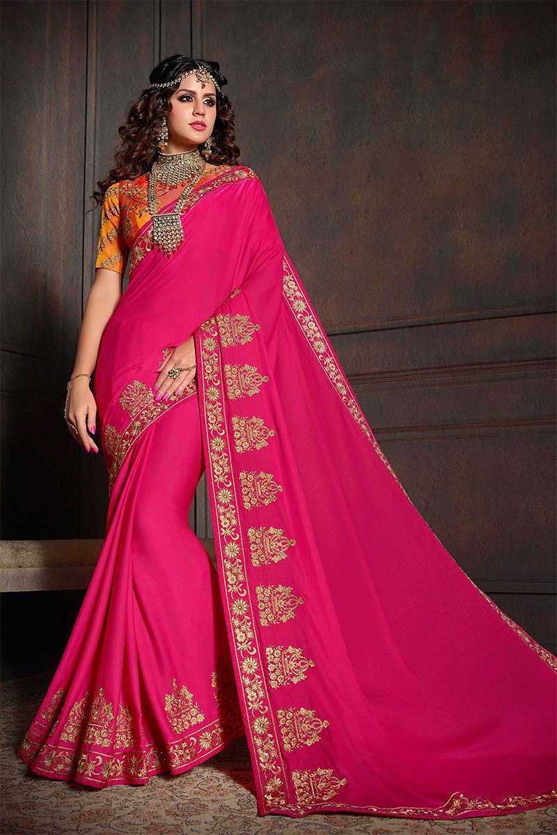 Hot Pink and Orange Embroidered Designer Fancy Saree