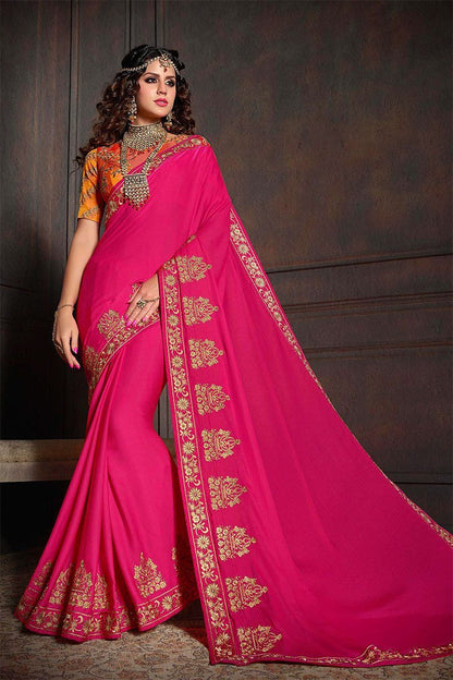 Hot Pink and Orange Embroidered Designer Fancy Saree