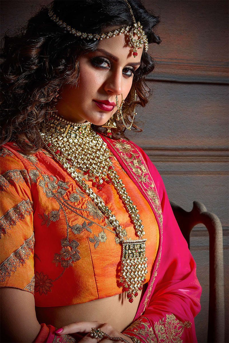 Hot Pink and Orange Embroidered Designer Fancy Saree