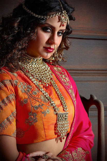 Hot Pink and Orange Embroidered Designer Fancy Saree