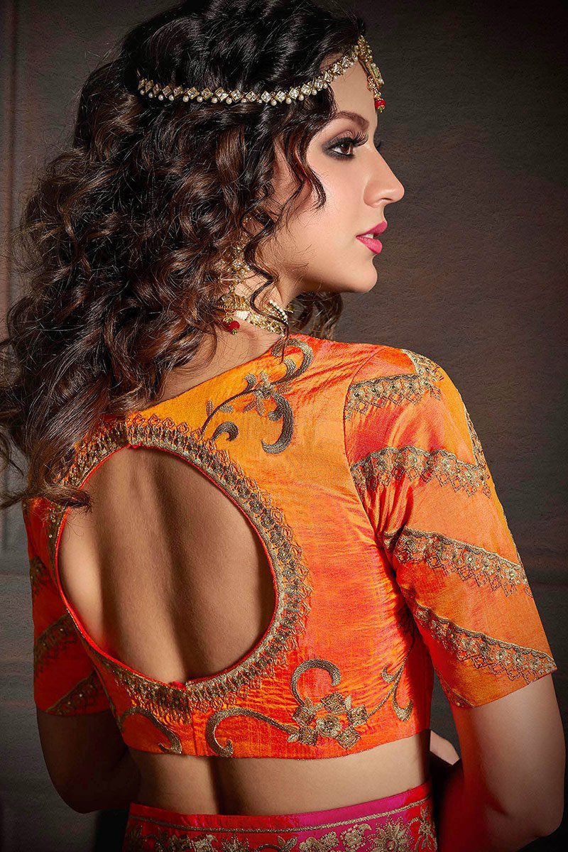 Hot Pink and Orange Embroidered Designer Fancy Saree