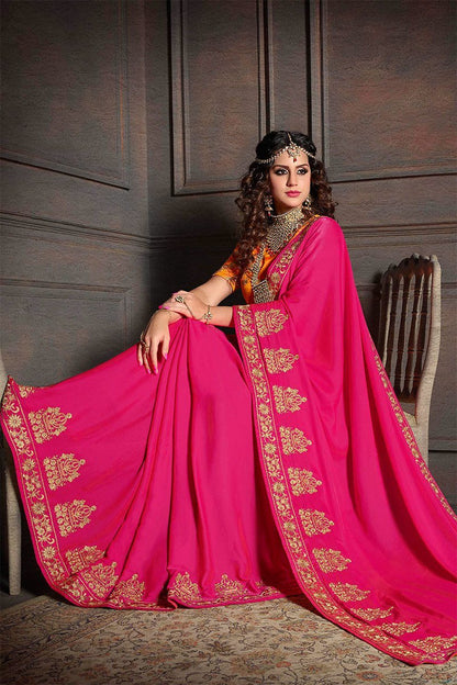 Hot Pink and Orange Embroidered Designer Fancy Saree