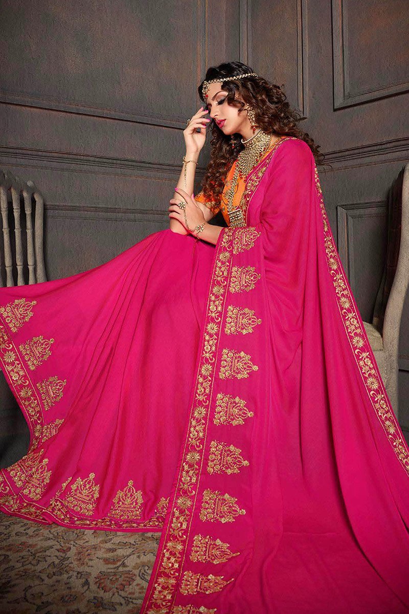 Hot Pink and Orange Embroidered Designer Fancy Saree