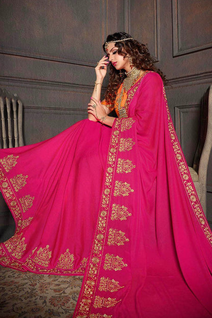 Hot Pink and Orange Embroidered Designer Fancy Saree