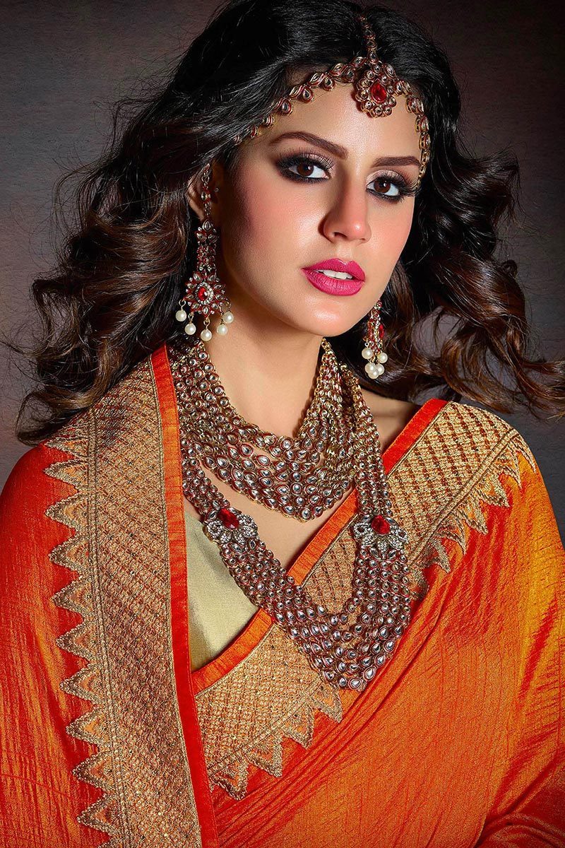 Orange and Gold Embroidered Designer Fancy Saree