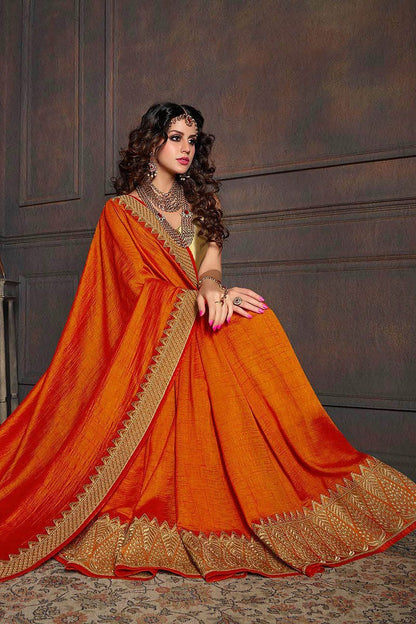 Orange and Gold Embroidered Designer Fancy Saree