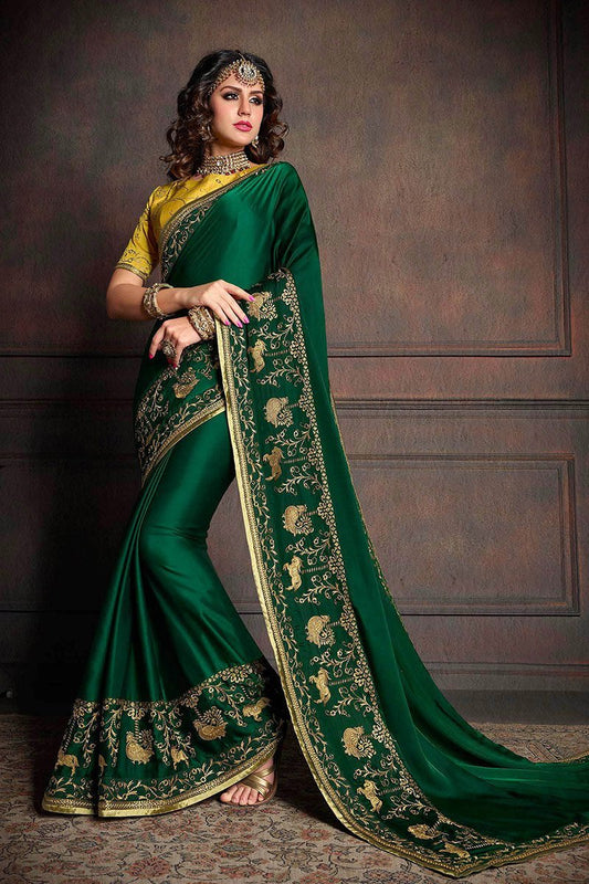 Dark Green and Mustard Yellow Embroidered Designer Fancy Saree