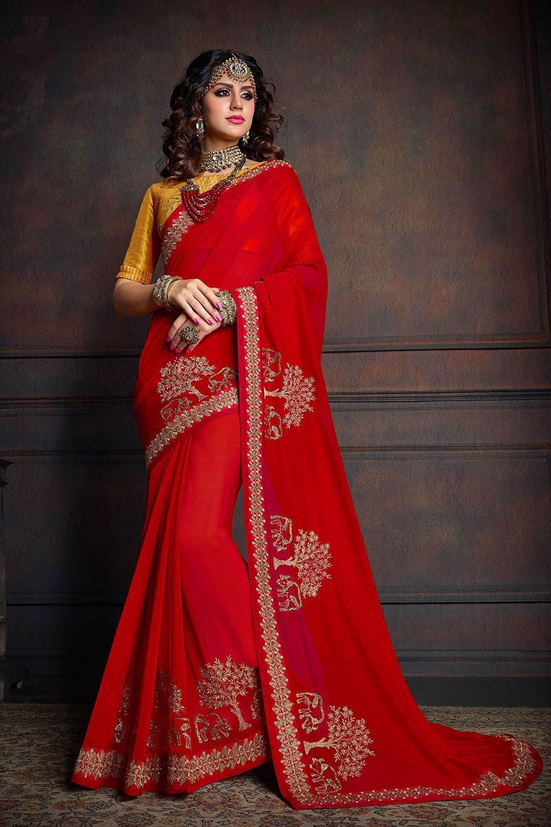 Candy Red and Mustard Yellow Embroidered Designer Fancy Saree