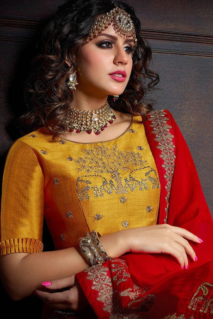 Candy Red and Mustard Yellow Embroidered Designer Fancy Saree