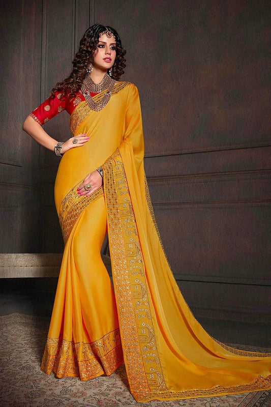 Mustard Yellow and Candy Red Embroidered Designer Fancy Saree