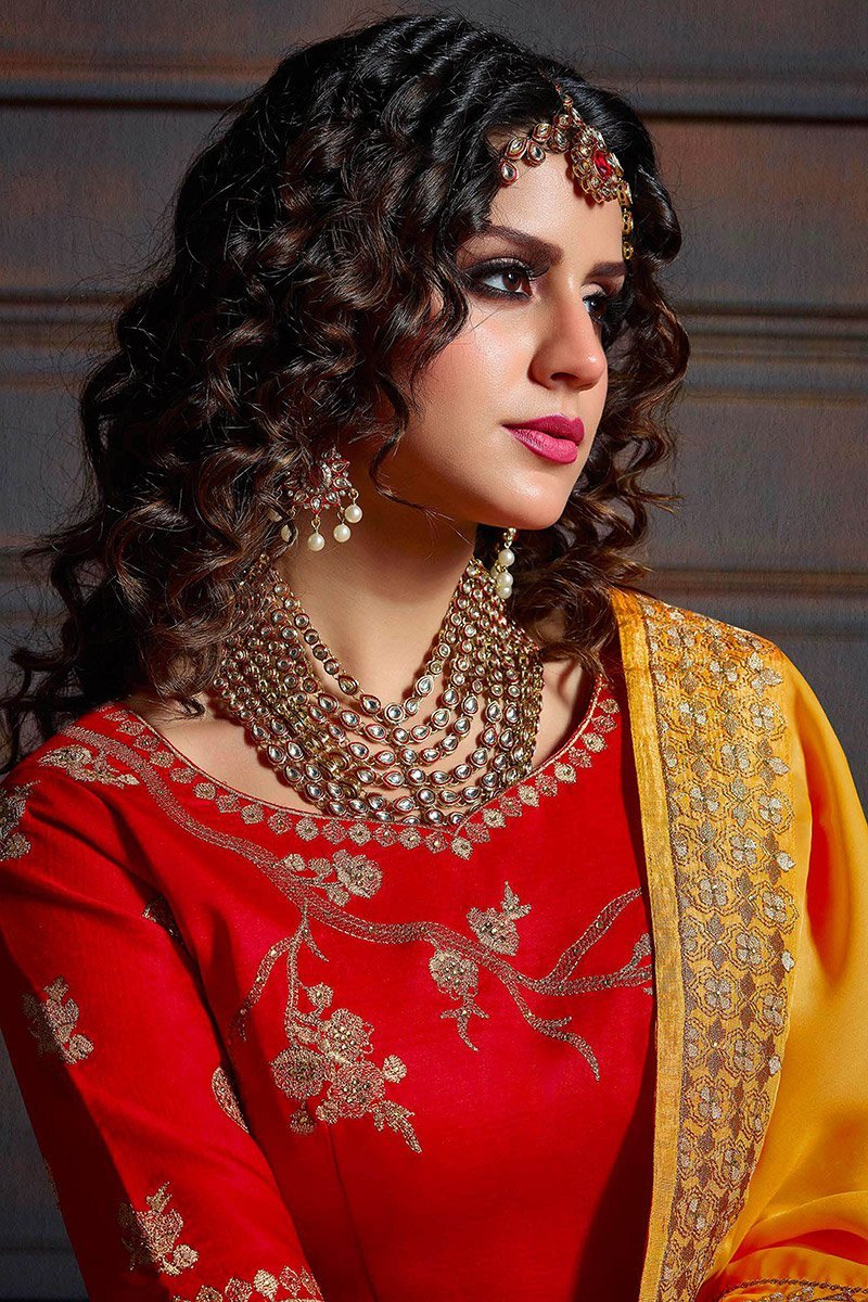 Mustard Yellow and Candy Red Embroidered Designer Fancy Saree