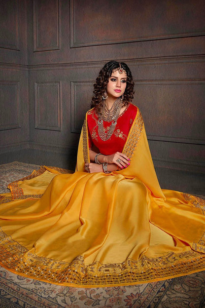 Mustard Yellow and Candy Red Embroidered Designer Fancy Saree