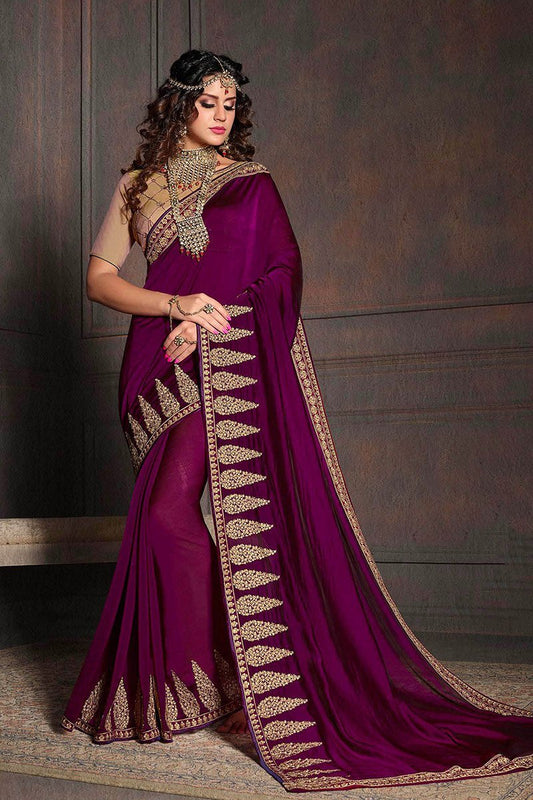 Grape and Gray Embroidered Designer Fancy Saree