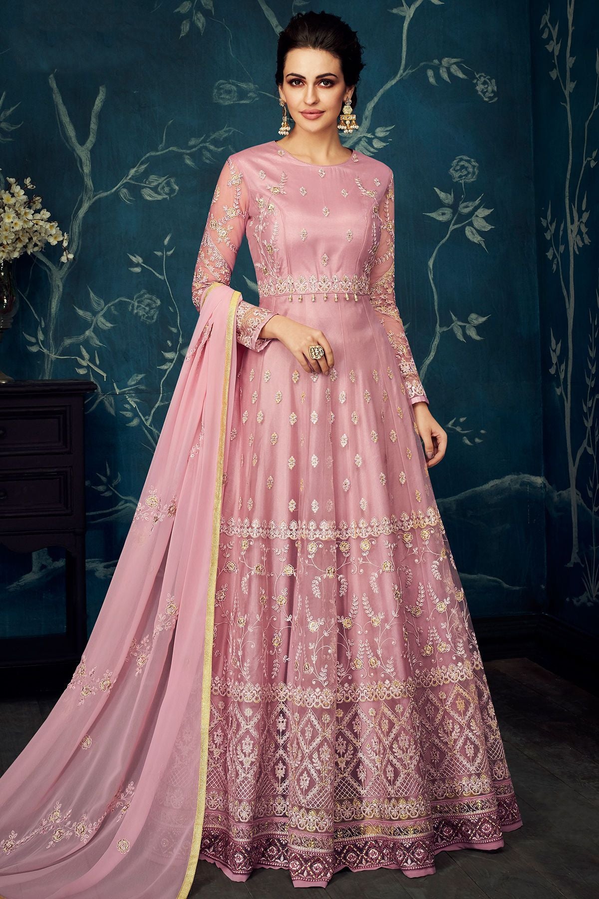 Lavender Embroidered Party Wear Anarkali Suit
