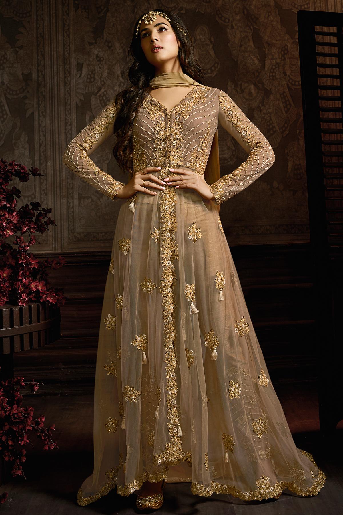 Light Brown Designer Net Anarkali Suit