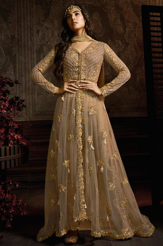 Light Brown Designer Net Anarkali Suit