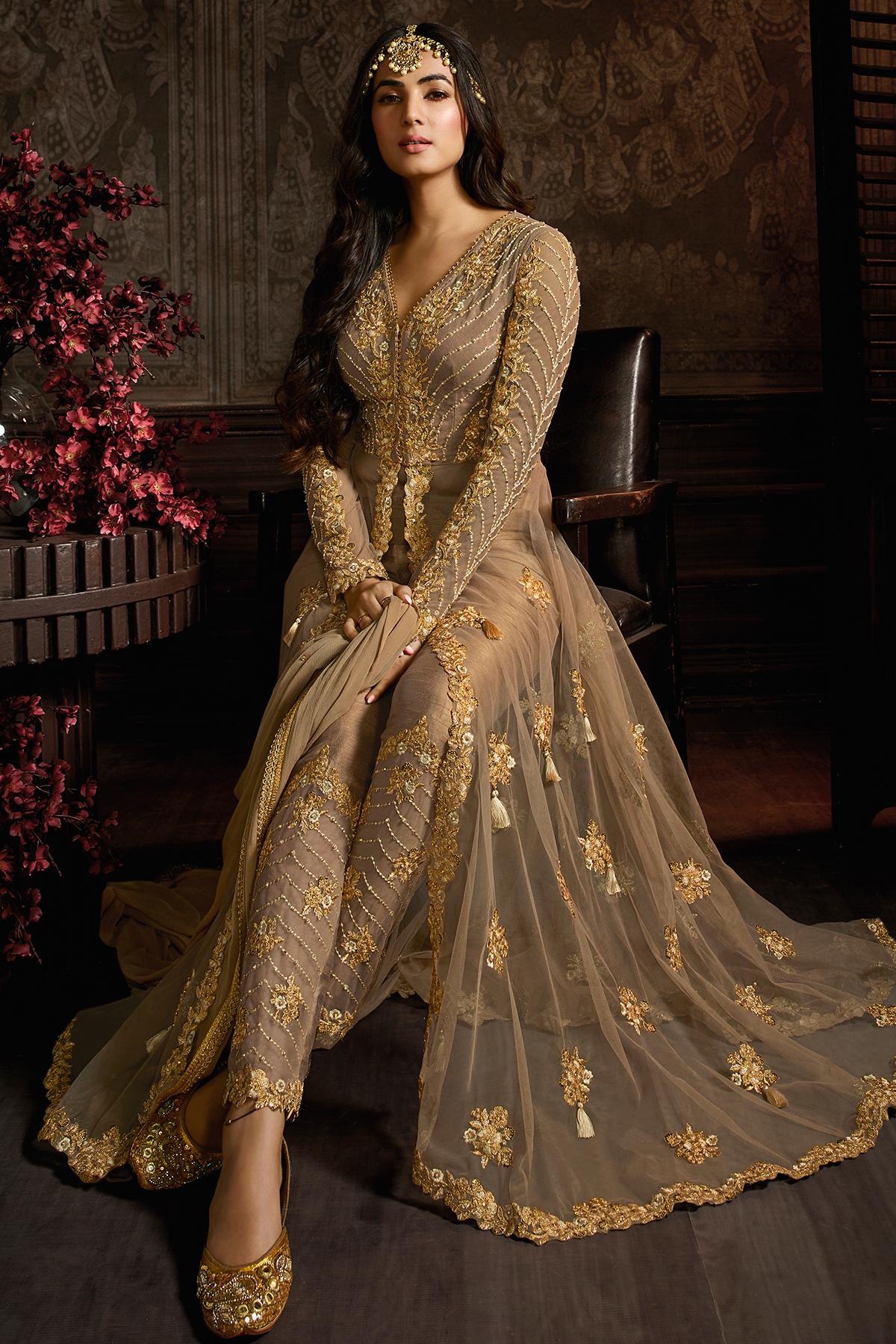 Light Brown Designer Net Anarkali Suit