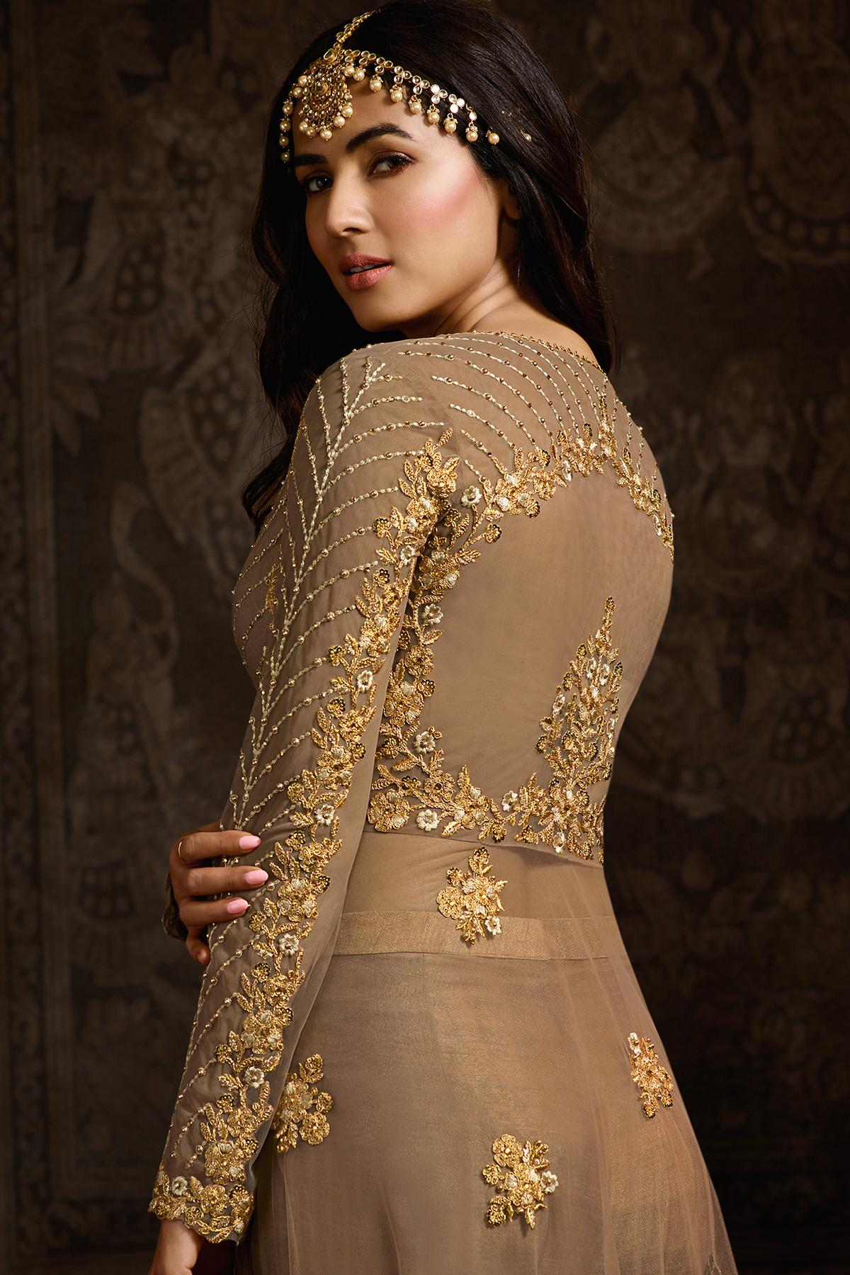 Light Brown Designer Net Anarkali Suit
