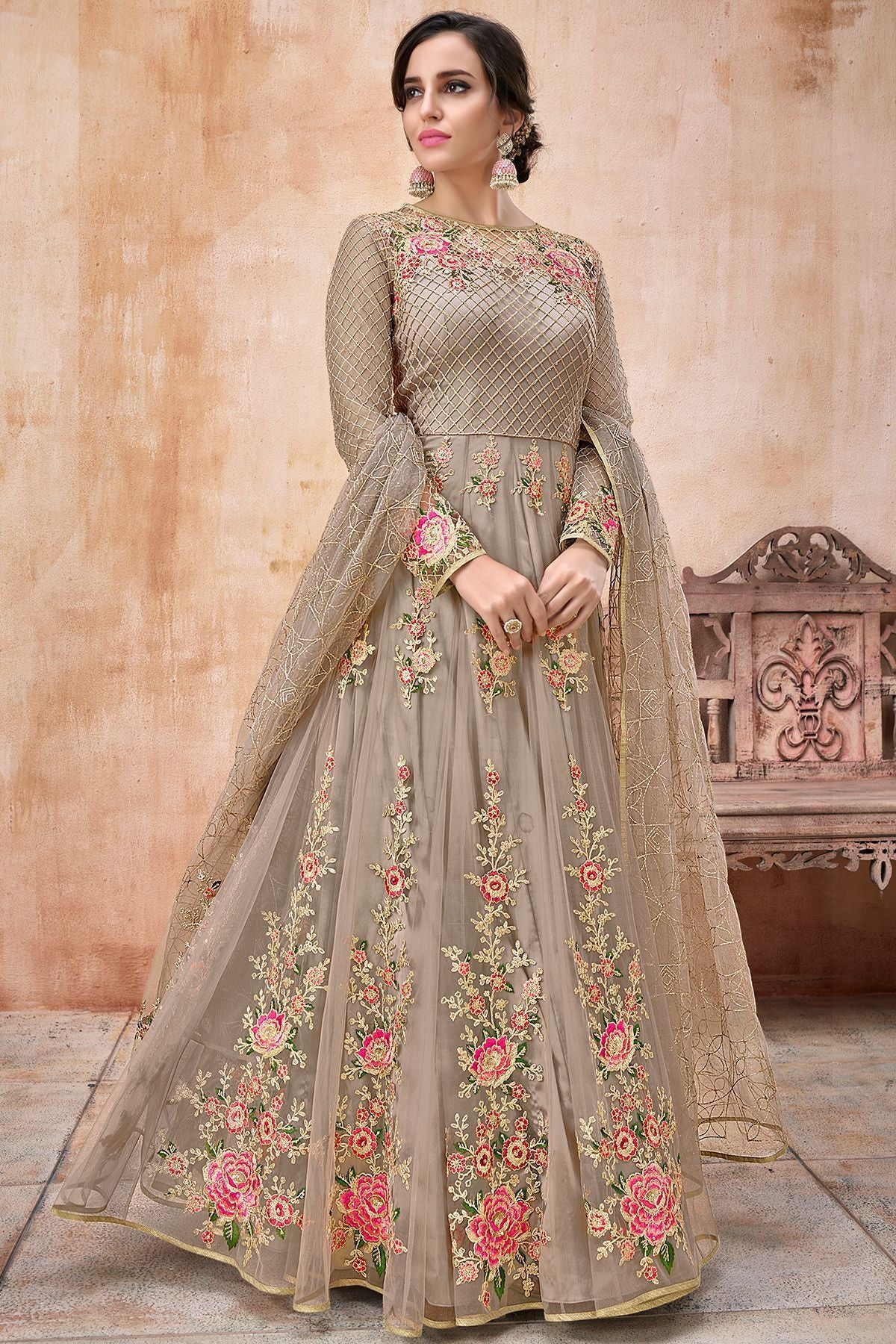 Light Brown Embroidered Net Anarkali Suit