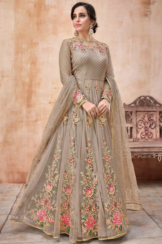 Light Brown Embroidered Net Anarkali Suit