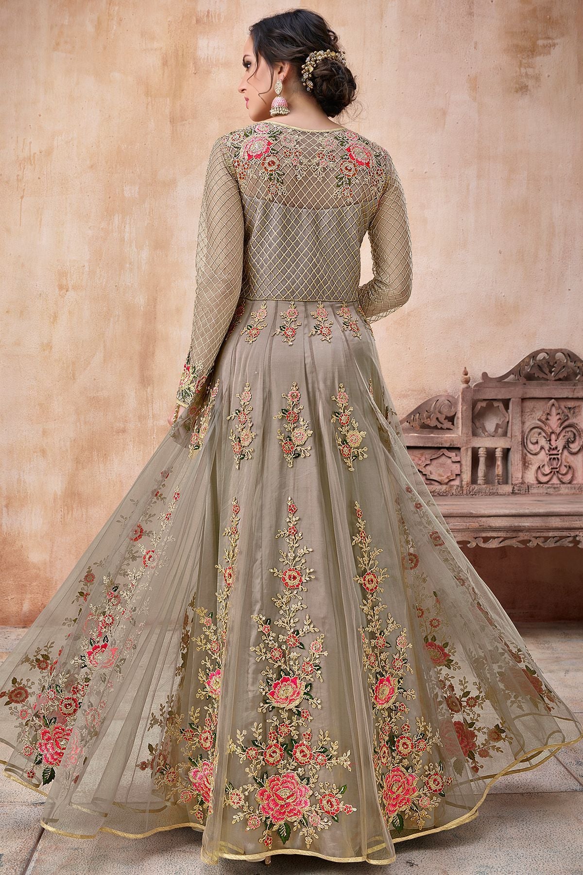 Light Brown Embroidered Net Anarkali Suit