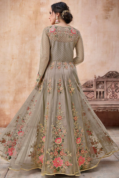 Light Brown Embroidered Net Anarkali Suit