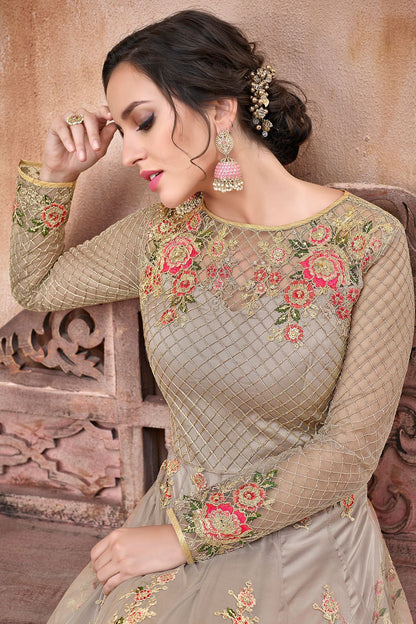Light Brown Embroidered Net Anarkali Suit