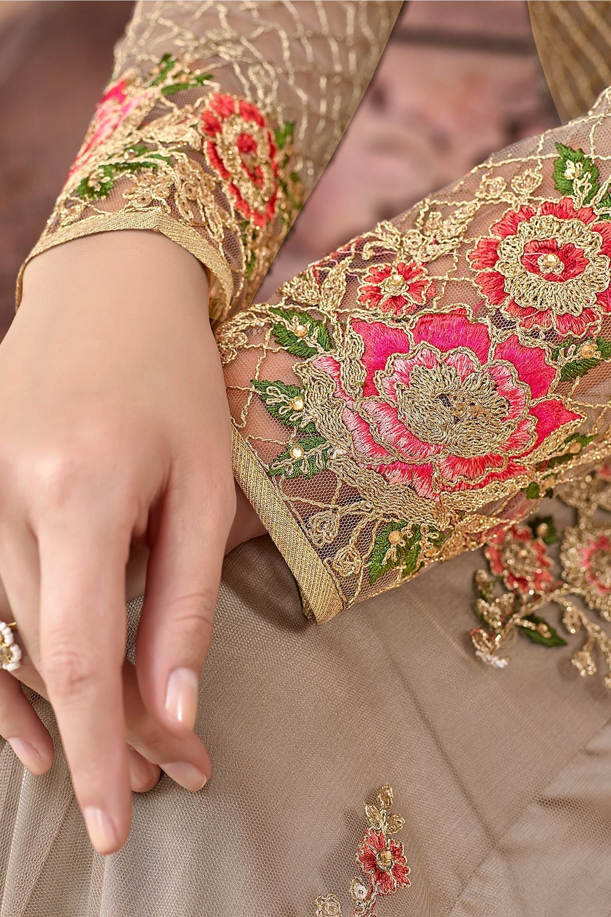 Light Brown Embroidered Net Anarkali Suit