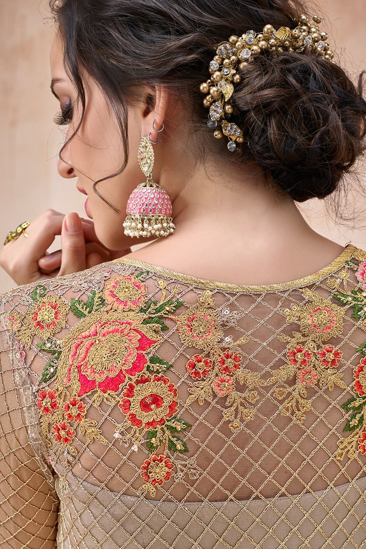 Light Brown Embroidered Net Anarkali Suit