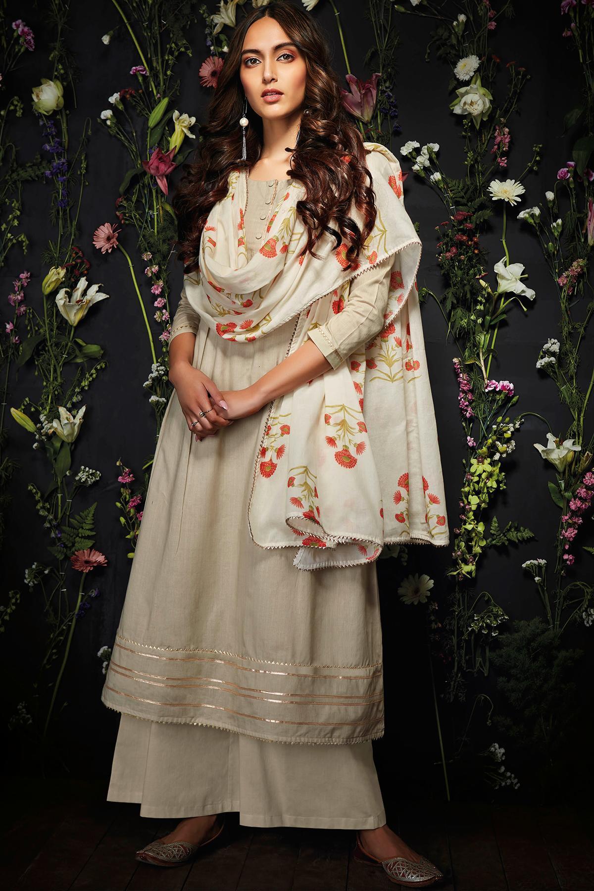Light Coffee Printed Cotton Palazzo Suit