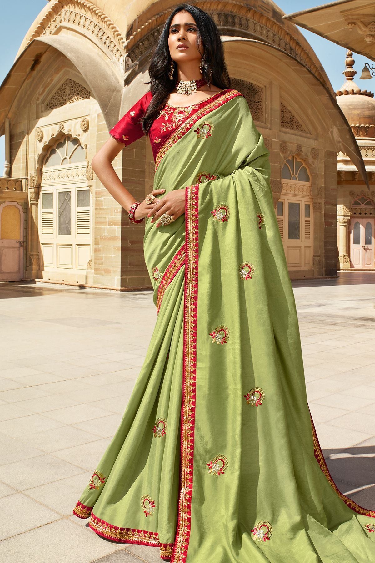 Light Green and Candy Red Dola Silk Sari