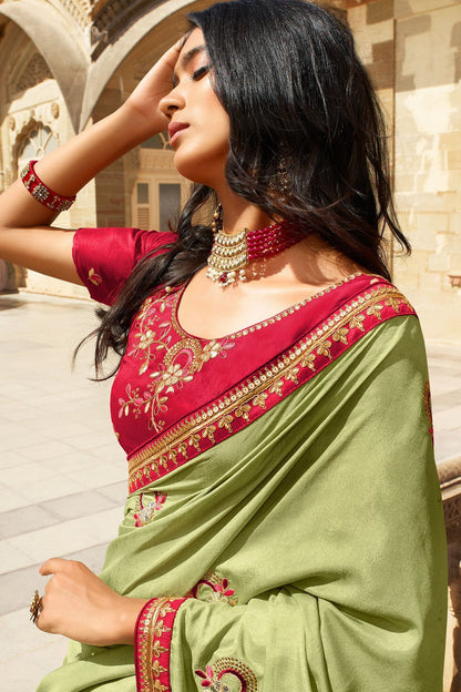 Light Green and Candy Red Dola Silk Sari