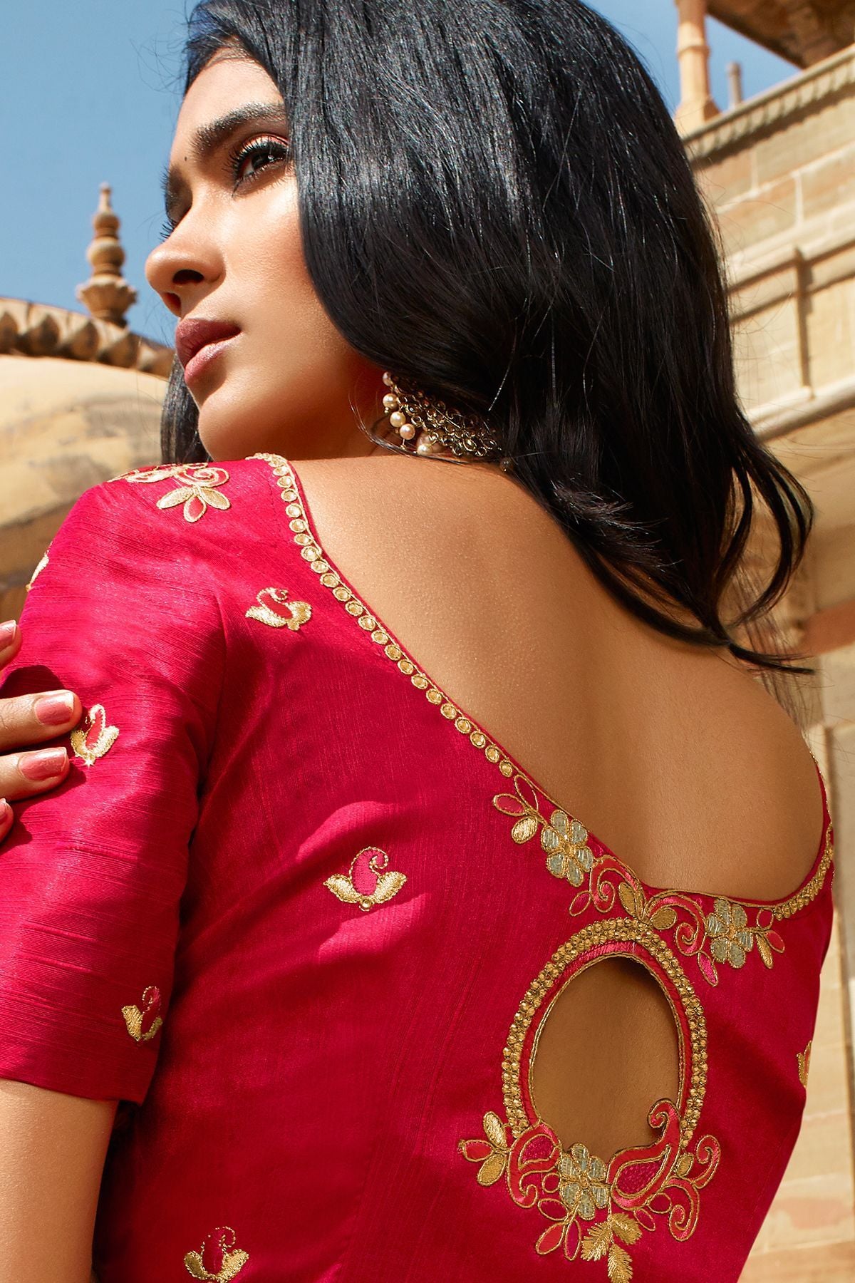 Light Green and Candy Red Dola Silk Sari