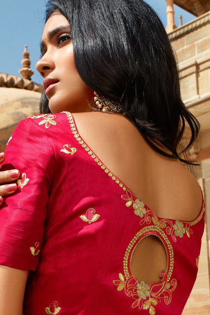 Light Green and Candy Red Dola Silk Sari